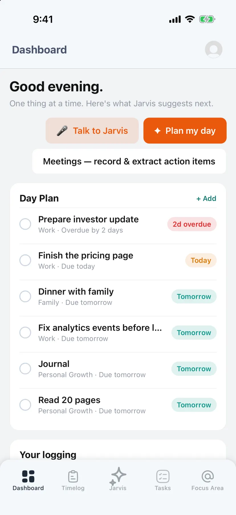 Jarvis on iPhone: the Day Plan ranked by what is overdue and due