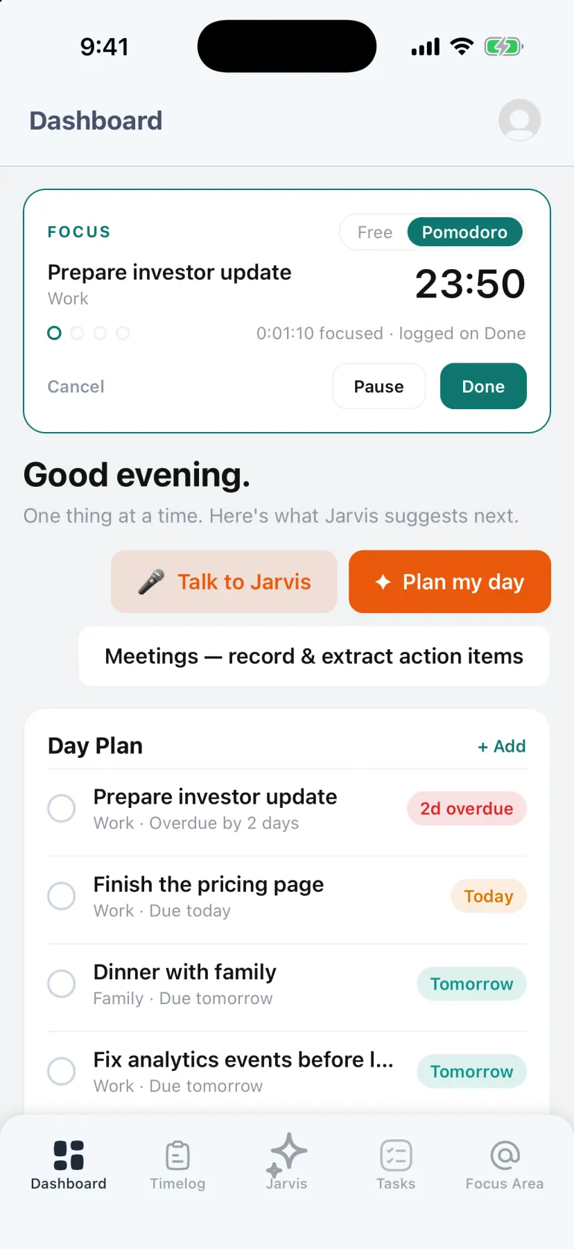 Jarvis on iPhone: a Pomodoro focus round running on the dashboard timer card