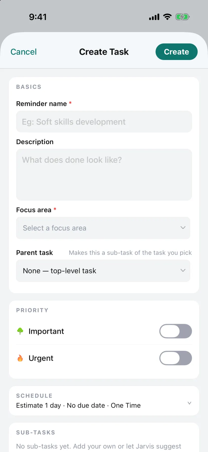 Jarvis on iPhone: the Create Task sheet with focus area, priority, schedule and sub-tasks
