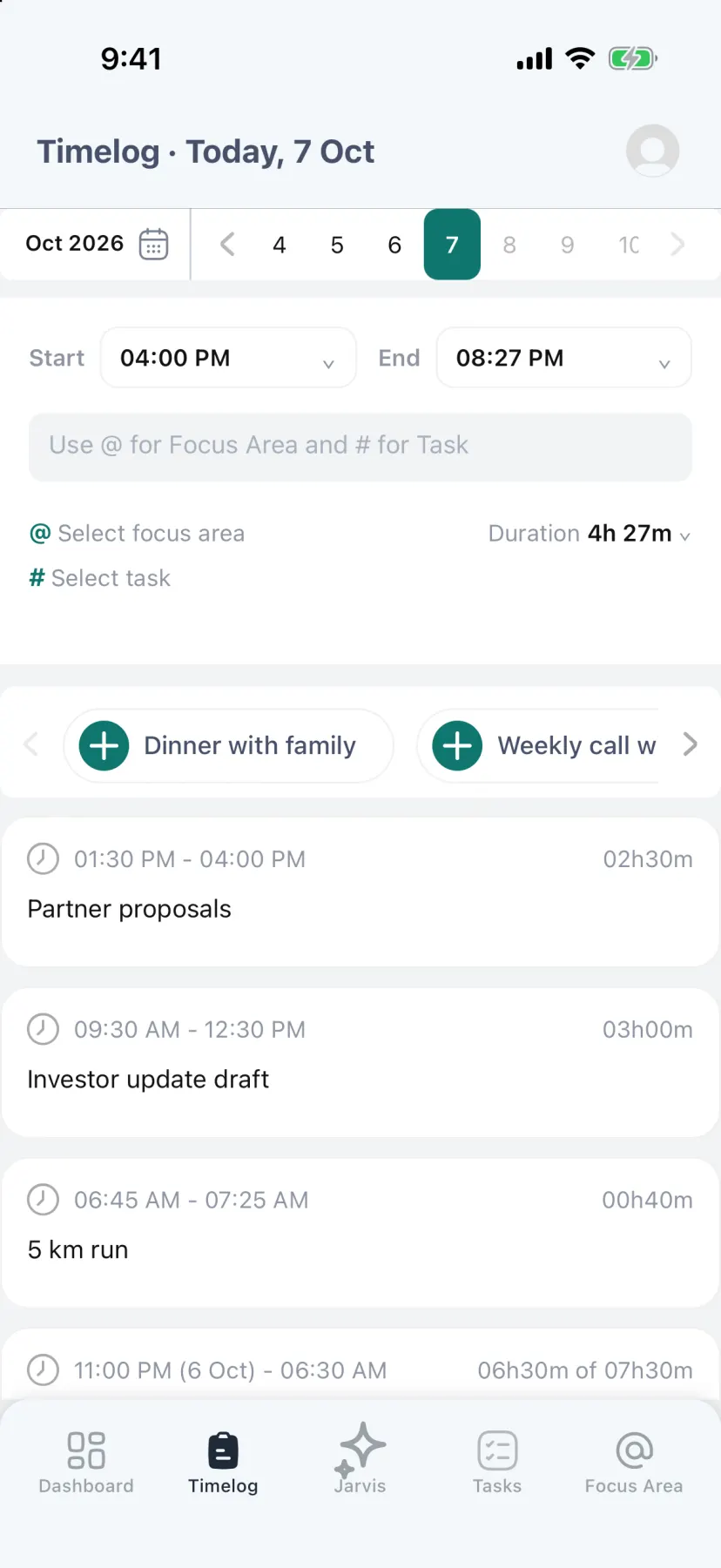 Jarvis on iPhone: today's timelog with quick-log chips