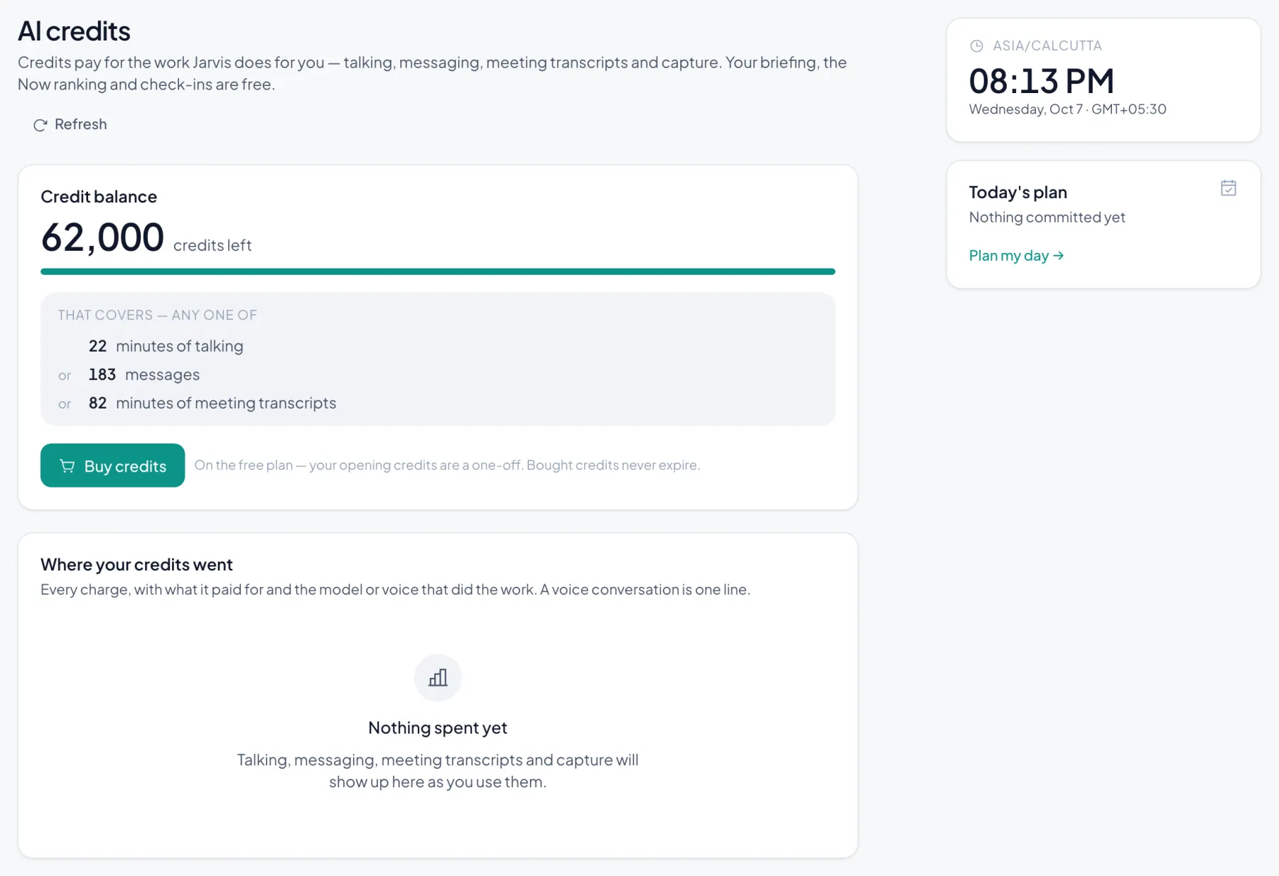 AI credits page: balance of 62,000 credits and what that covers in talking, messages and meeting transcripts