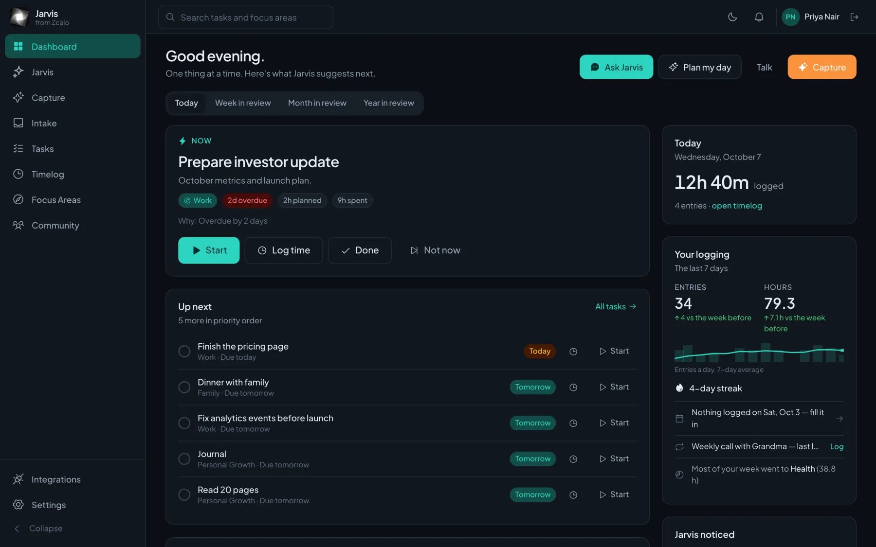 Jarvis web dashboard in dark theme with the ranked day and the Your logging card