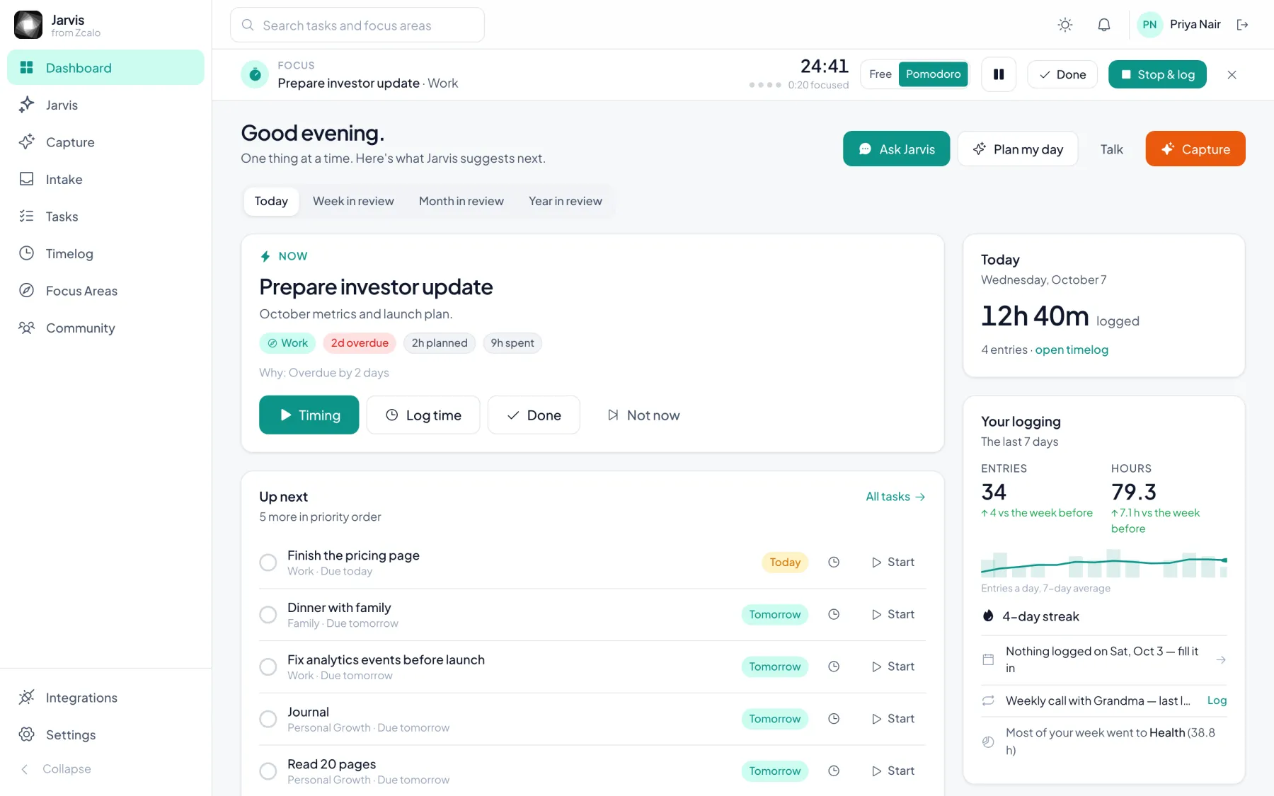 Jarvis web dashboard with a Pomodoro focus timer running in the top bar