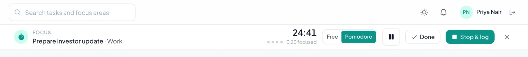 Jarvis timer bar in Pomodoro mode: 24:41 left in a focus round on Prepare investor update